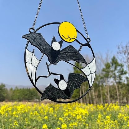 Stained Enamel and Metal Bat Moon Suncatcher Window Panel Wall Hanging Ornaments Halloween Horror Home Decorations