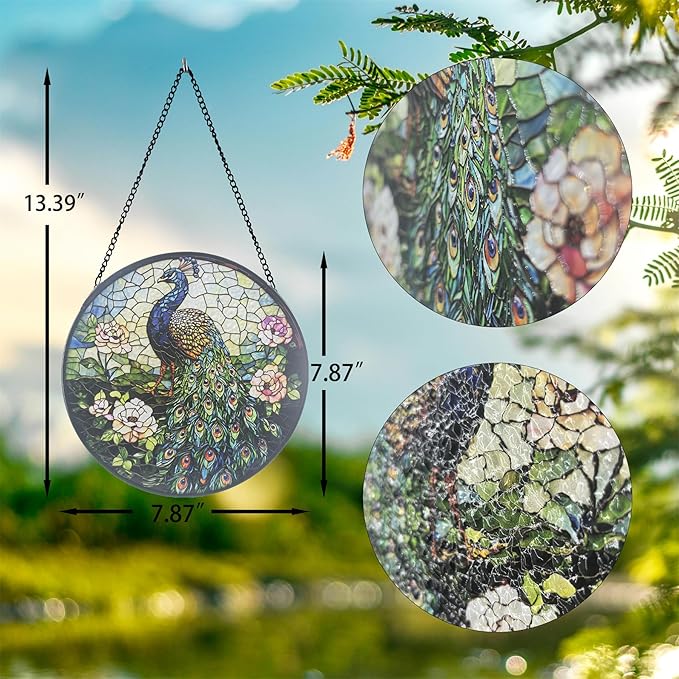 Stained Glass Sun Catcher,Peacock Glass Window Hanging Garden Decor,Sun Catchers Indoor Window,Whimsical Decoration for Home Backyard Patio Lawn Porch with 6.3 INCH