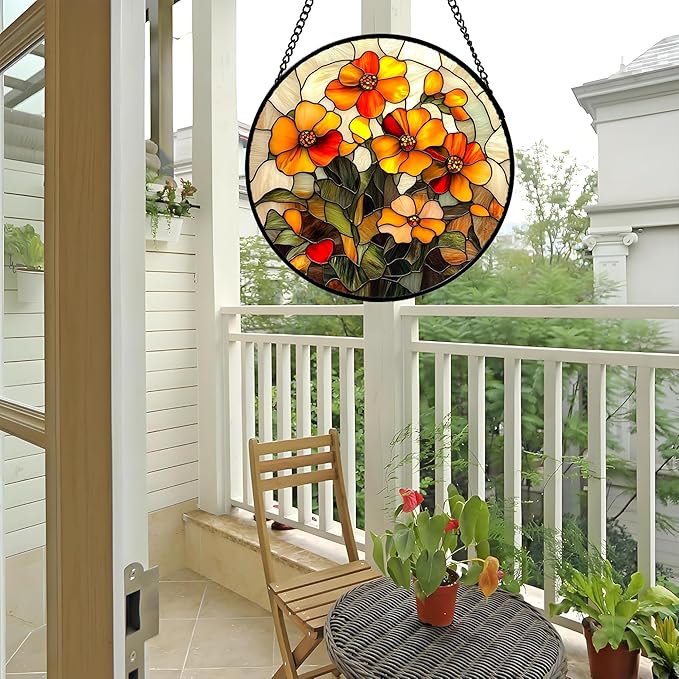 Stained Glass Window Hanging - Orange Marigolds Flowers Suncatcher for Door Garden Yard Sun Catchers Decor Christmas Mother's Day Birthday Gifts for Women Mom Nana Girlfriend Men 15 in