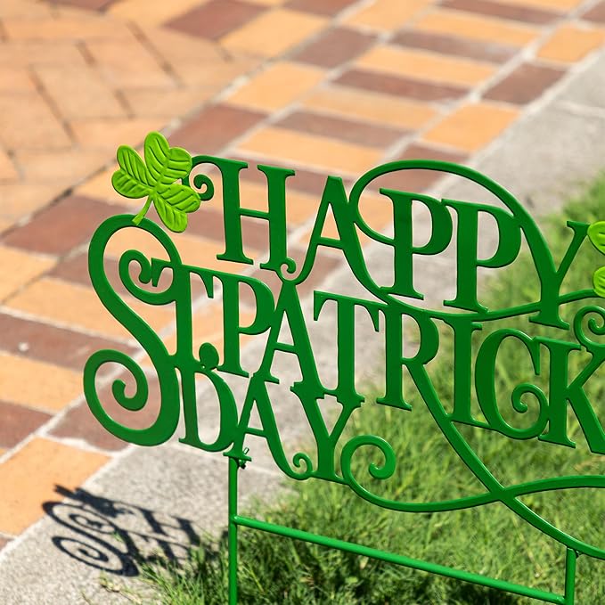 Glitzhome St. Patrick's Day Outdoor Decorations, 23.25"H Metal Happy St. Patrick's Day Yard Signs, Metal St. Patrick's Day Letters Decorative Garden Stake for Home Lawn Porch