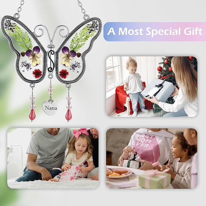 Nana Gift Butterfly Suncatcher for Window Hanging Sun Catchers Ornament with Pressed Flower Nana Heart Charm Birthdays Gift for Women for Nana Gift for Grandma