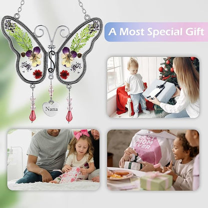Nana Gift Butterfly Suncatcher for Window Hanging Sun Catchers Ornament with Pressed Flower Nana Heart Charm Birthdays Gift for Women for Nana Gift for Grandma
