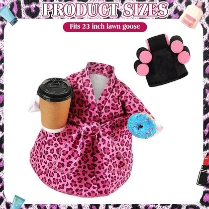 Shyyween Lady Porch Goose Outfit for 23'' Cement Plastic Lawn Goose Statue Clothes Pink Leopard Bathrobe Coffee Cup Curlers for Outdoor Garden Yard Patio Decoration