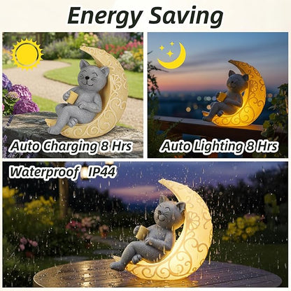 PETAFLOP Solar Cat Garden Statue Decor, Moon Cat Figurine Patio Balcony Yard Lawn Outdoor, I Love You to the Moon and Back Birthday Housewarming Gifts for Mom Grandma Women Cats Lover