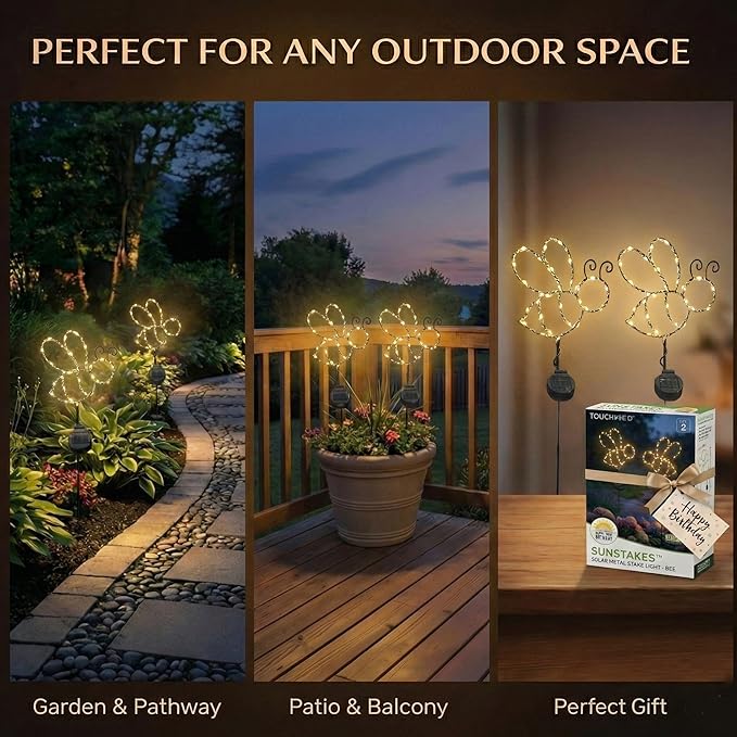 Touch Of ECO Outdoor Solar Powered LED Decorative Garden Stake Light - 2 Pack Warm White Bee Design - Great Decor for Yard, Patio, Lawn, Planter-Makes a Great Gift
