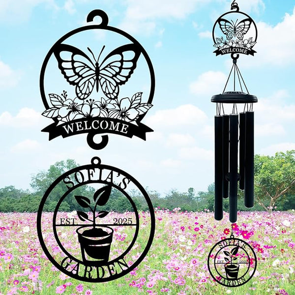 Personalized Wind Chime with Welcome Garden Sign, Custom Wind Chime for Mom Grandma