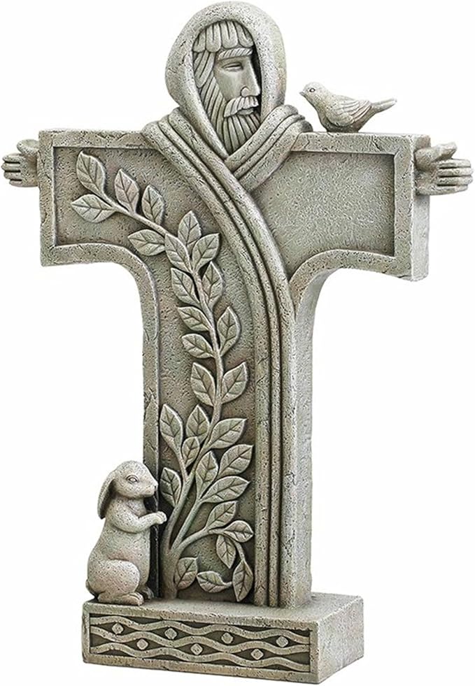 Avalon Gallery Garden Statue Indoor/Outdoor Catholic Sculpture, 18" Tall, Stone-Resin Saint Francis of Assisi Cross
