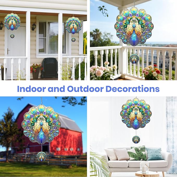 MXJSUA Peacock Wind Spinners for Indoor Outdoor Garden Decoration, 12 Inch Peacock Stainless Steel Hanging Wind Spinners Ornaments Crafts for Gifts