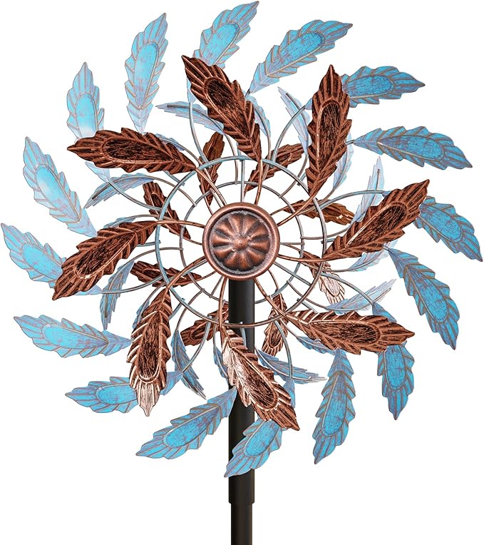 Metal Outdoor Wind Spinner, Wind Sculpture Spinner with Metal Stake, Waterproof 360 Degrees Kinetic Windmill Art Decoration for Patio Garden Lawn (Blue+Brown)