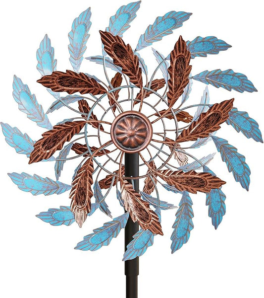 Metal Outdoor Wind Spinner, Wind Sculpture Spinner with Metal Stake, Waterproof 360 Degrees Kinetic Windmill Art Decoration for Patio Garden Lawn (Blue+Brown)