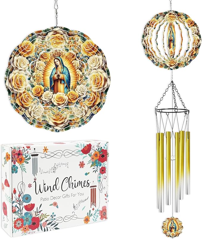 Wind Chimes with Virgin Mary Wind Spinner, Religious Decor Gift, Hanging Metal Wind Catcher with 2" Guadalupe Center Pendant, 6" 3D Stainless Steel Kinetic Art for Garden Yard