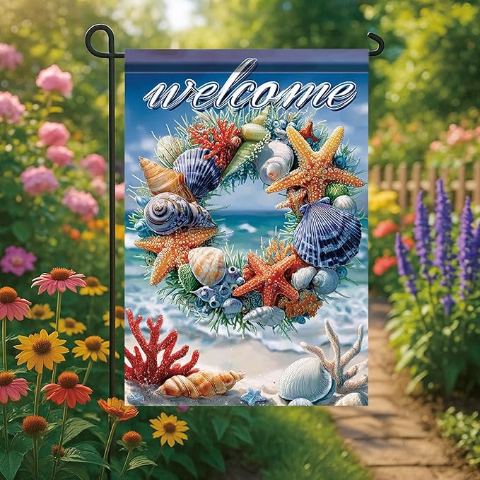 Spring Summer Garden Flag 12x18 Inch Coastal Welcome Seashell Starfish Coral Wreath Ocean Beach Design Outdoor Yard Porch Lawn for Seasonal Nautical Home Decor