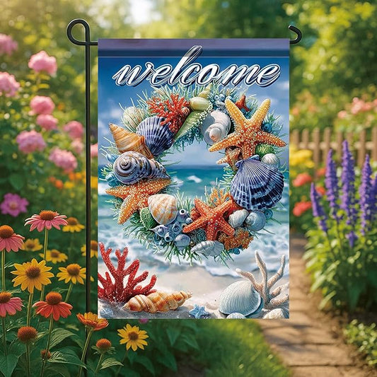 Spring Summer Garden Flag 12x18 Inch Coastal Welcome Seashell Starfish Coral Wreath Ocean Beach Design Outdoor Yard Porch Lawn for Seasonal Nautical Home Decor