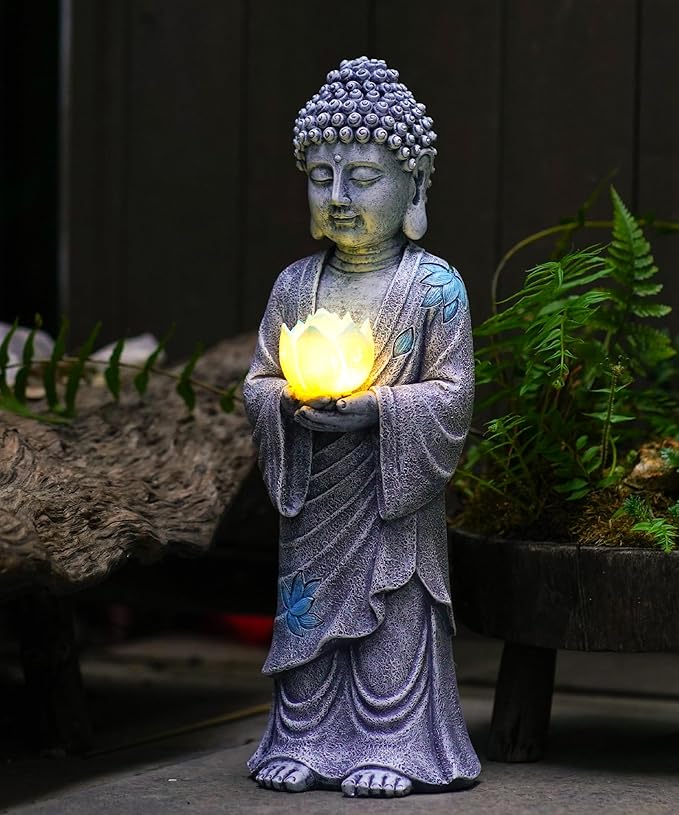Nacome Solar Buddha Garden Statues with Lotus Flower: Resin Zen Decor Waterproof Sculpture Outdoor Light Design for Outside Patio Lawn Yard Balcony - 14.6 inches(Grey)