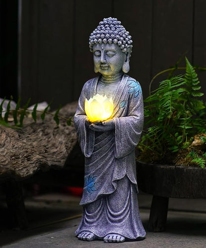 Nacome Solar Buddha Garden Statues with Lotus Flower: Resin Zen Decor Waterproof Sculpture Outdoor Light Design for Outside Patio Lawn Yard Balcony - 14.6 inches(Grey)