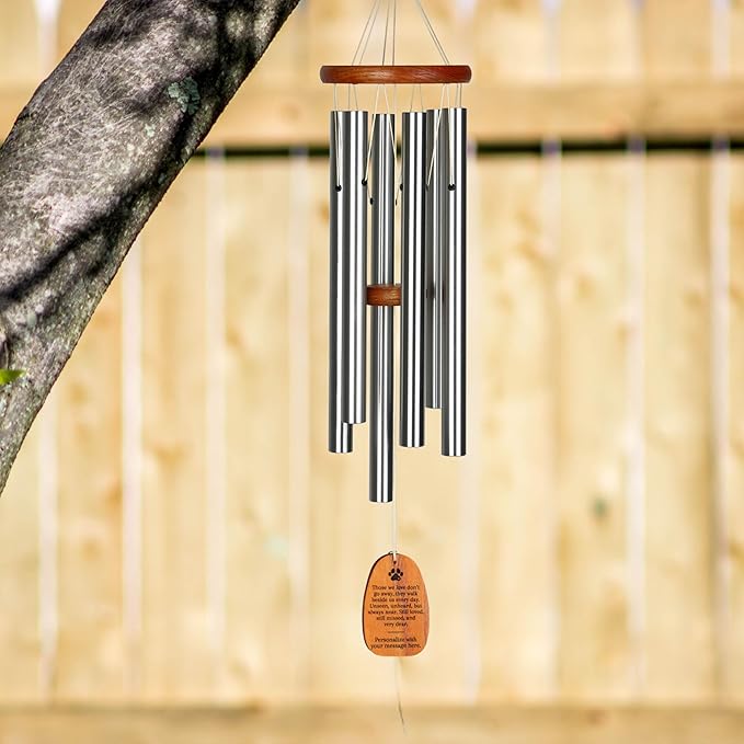 Woodstock Wind Chimes Personalized Amazing Grace Memorial Chime for Outside 24'' Medium Silver Sympathy Customized Dog Paw Inspirational Wind Chime for Outdoor Patio Home Garden Decor (P-AGMS33)