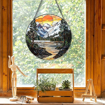 Stained Glass Window Hanging, Sunset Mountains and Lakes Landscape Suncatcher for Window Doors Garden Home Decoration, Glass Panel Ornaments for Women,Men,Wife, Lovers, and Mom 7.8×7.8 in