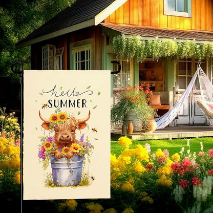 Hello Summer Garden Flag Highland Cow Yard Flag Summer Sunflower Honey Bee Floral Garden Flags Farmhouse Rustic Green Leaf House Banner for Seasonal Double Sided 12x18 Inch Outdoor Decoration