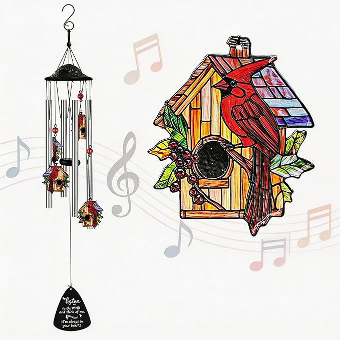 HDCRYSTALGIFTS 34'' Cardinal Wind Chimes for Outside Home Garden Decor Red Bird Memorial Wind Chimes for Loss of Loved One, Sympathy Windchimes Outdoors Cardinal Gifts for Women Mom Grandma Sisters