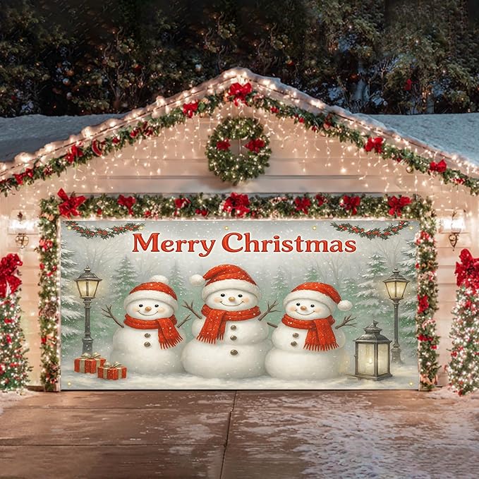 HOMETITUTE 13x6ft Christmas Garage Door Banner Snowman Banner Christmas Backdrop Outdoor Indoor Xmas Garage Door Cover Large Holiday Wall Backdrop for Yard Porch Seasonal Decoration