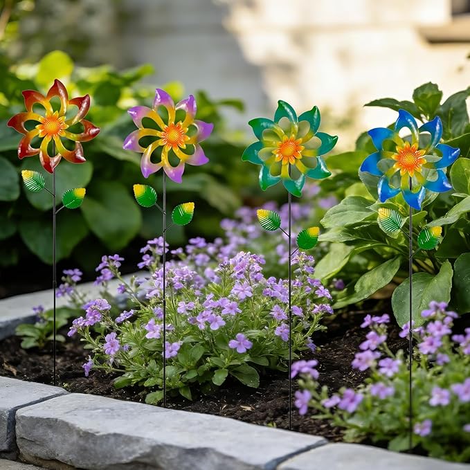 4 Pack Wind Spinners Outdoor, Colorful Metal Flower Windmill, Small Pinwheels Decorative Garden Stakes for Yard Patio Lawn Garden Decor, 27 x 7 Inches