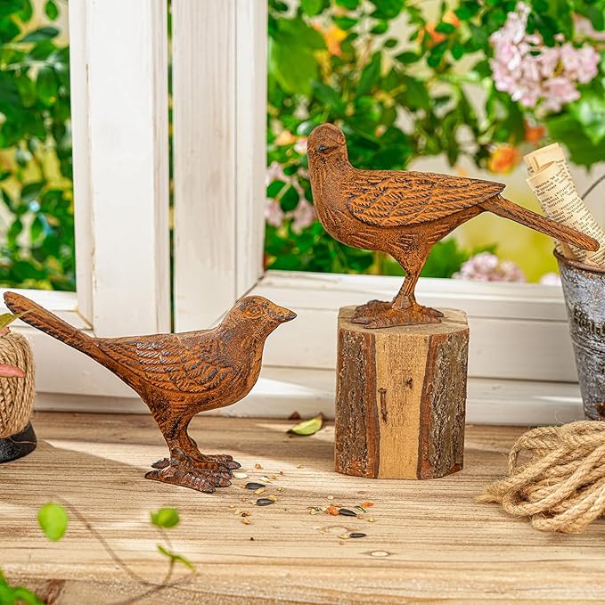 Sungmor Cast Iron Bird Statues Set of 2, Vintage Animal Collection Figurines, Home Office Table Decor, Paperweight, Doorstop, Garden Lawn Cute Ornament, Rust Finish