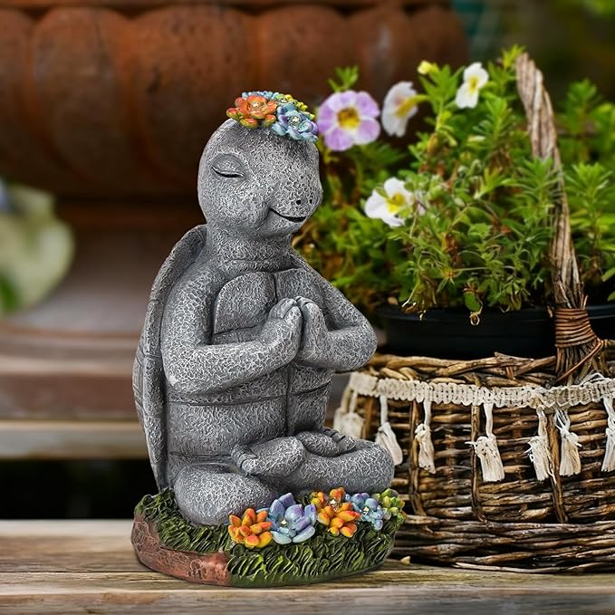 Meditating Turtle Garden Statue with Solar LED Lights - Zen Yoga Turtle Figurine with Succulents, 8.7-Inch Resin Garden Decor, IP65 Waterproof Outdoor Sculpture, Unique Birthday Gifts for Women Mom