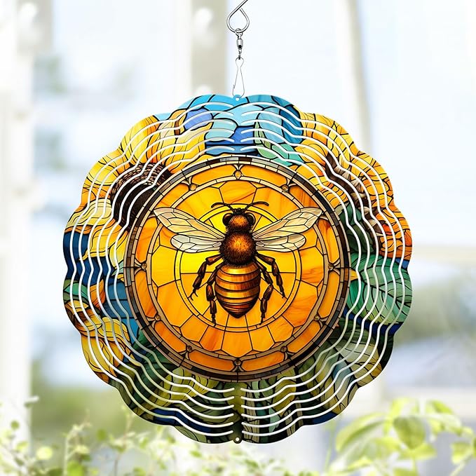 Bee Wind Spinner, Bee Stained Glass Wind Spinner, Wind Sculpture Bee Wind Spinners for Garden Patio Yard Decor