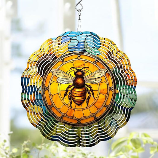 Bee Wind Spinner, Bee Stained Glass Wind Spinner, Wind Sculpture Bee Wind Spinners for Garden Patio Yard Decor