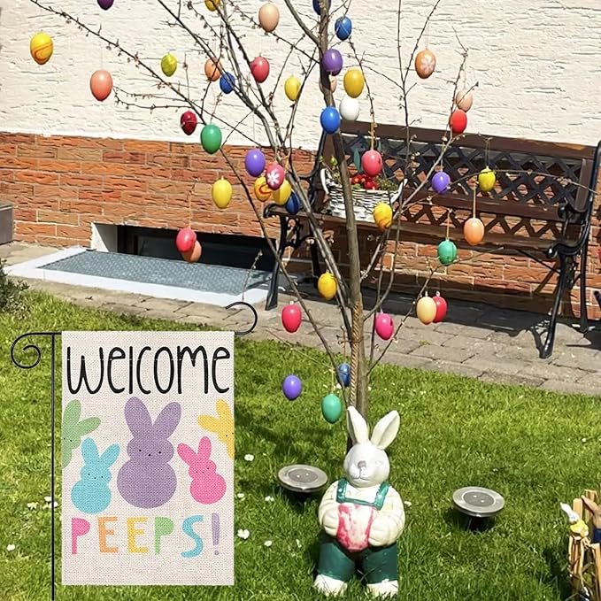 1 Pcs Welcome Garden Flag Colorful Bunny Garden Flags for Outside 12x18 Inch Double Sided Spring Garden Flag Cute Rabbit Yard Flags Seasonal Garden Decorations