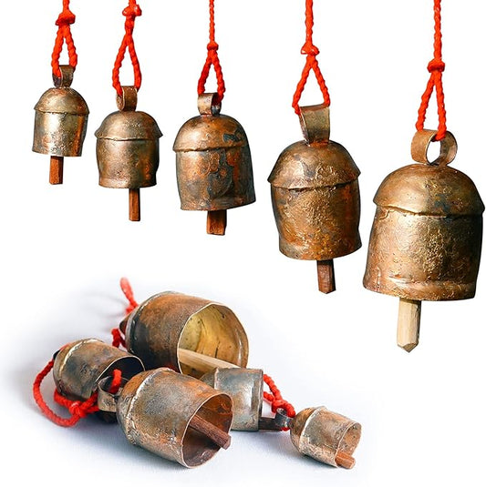 Handmade Rustic Wind Chimes with 5 Brass-Coated Metal Bells (30") – Boho Hanging Bell for Outdoor Patio, Lawn, Balcony, Garden, Door, Farmhouse & Vintage Christmas Decor