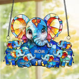 Personalized Elephant Mom and Kids Stained Glass Suncatchers, Custom Name Mothers Day Sun Catcher, Elephant Mother Acrylic Window Hanging Ornament, Mother's Day Christmas Birthday Gifts (Style 12)
