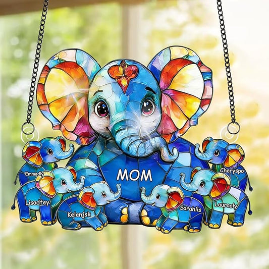 Personalized Elephant Mom and Kids Stained Glass Suncatchers, Custom Name Mothers Day Sun Catcher, Elephant Mother Acrylic Window Hanging Ornament, Mother's Day Christmas Birthday Gifts (Style 12)