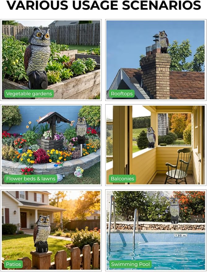 Garden Fake Owl Sculpture with 360° Rotating Head, Waterproof Outdoor Statue for Garden Yard Patio Balcony Roof
