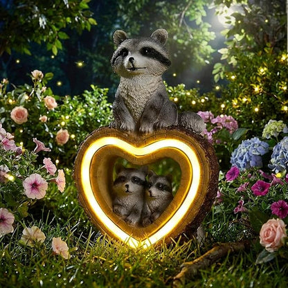 Thyle Solar Raccoon Family Garden Statue with Heart Light 9 Inch Raccoon Solar Lights Statue Outdoor Decor Windproof Waterproof for Outside Yard Garden Lawn Home Decor Mother Gifts for Women Mom