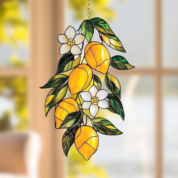 Lemon Branch Acrylic Suncatcher, Boho Suncatchers for Window Hanging Ornament, Stained Glass Effect Indoor Outdoor Garden Decor for Tropical Lover, Gifts for Mother's Day, Mom, Grandma, Wife, Women