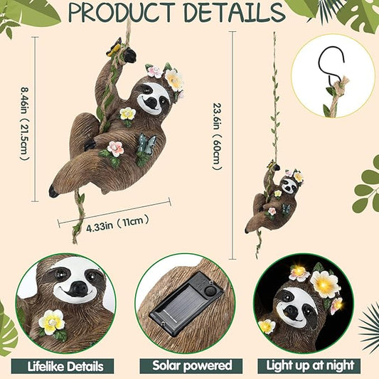 Colingmill 1Pcs 8x5 Inch Solar Sloth Hanging Statue Christmas Resin Garden Gnome Figurine Sloth Decorative with Hook Gifts for Mom Grandma for Outdoor Yard Tree Fence Balcony Wall Decor