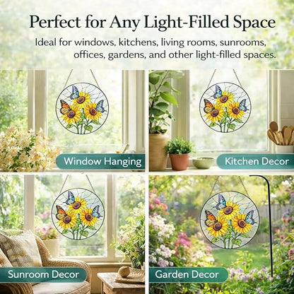 Sunflower Butterfly Suncatcher Window Hanging, 7.8" Stained Glass Decor, Gift for Family, Friends and Loved Ones, Home Decor for Window, Kitchen, Sunroom and Garden
