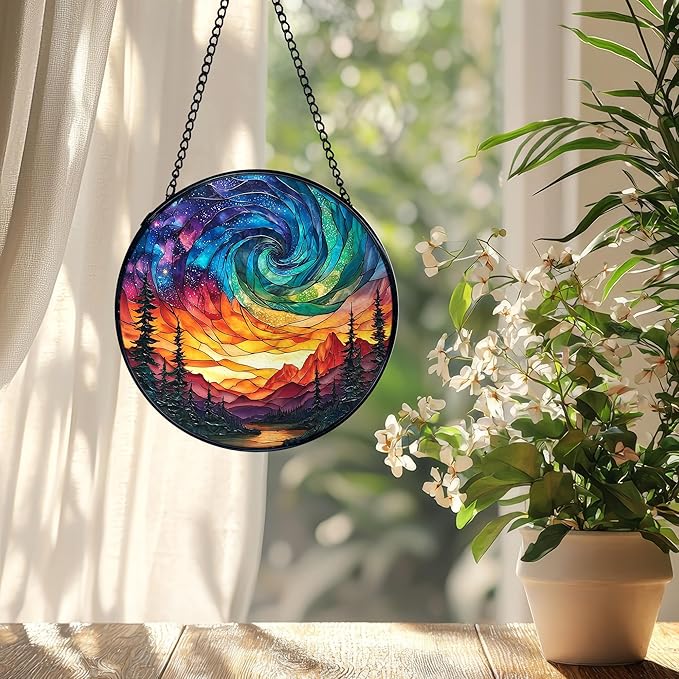 Northern Lights Suncatcher Stained Glass Window Hanging, Nature Mountain Aurora Borealis Sun Catchers Indoor Window Glass Wall Art Decor, Nature Wall Hanging Decor, 7.9x7.9 Inch 036-MH-BLGH