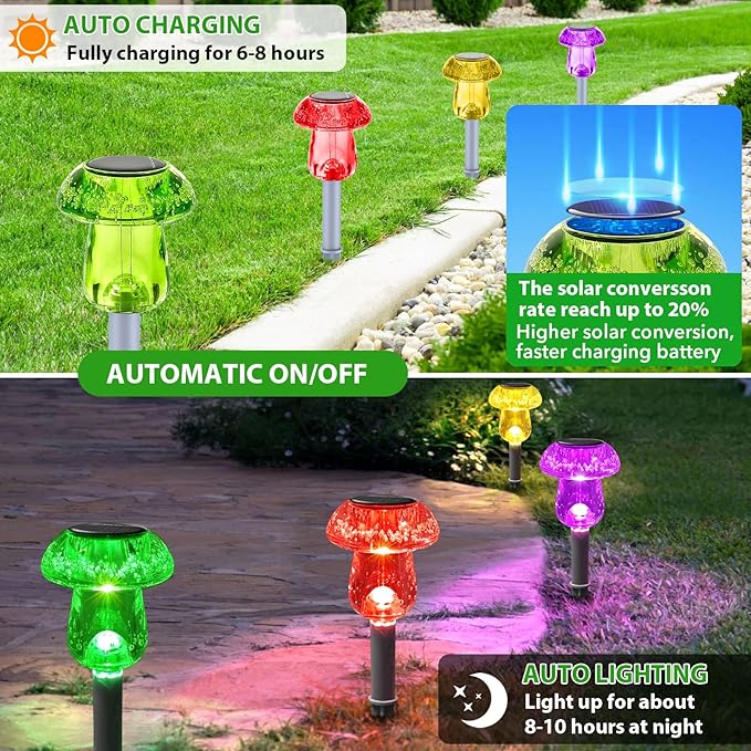 Benany Solar Lights Outdoor, 8 Pack Mushroom Lights Outside Waterproof, Solar Powered LED Lighting for Garden, Yard, Landscape, Path, Pathway, Lawn, Walkway, Driveway, Backyard Decor (Multicolor)
