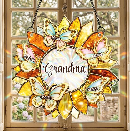 Personalized Grandma Stained Glass Suncatcher, Custom Butterfly Sunflower Window Hanging with Kids Names, Decorative Hanging Ornament for Window Home Decor, Gift for Mother’s Day