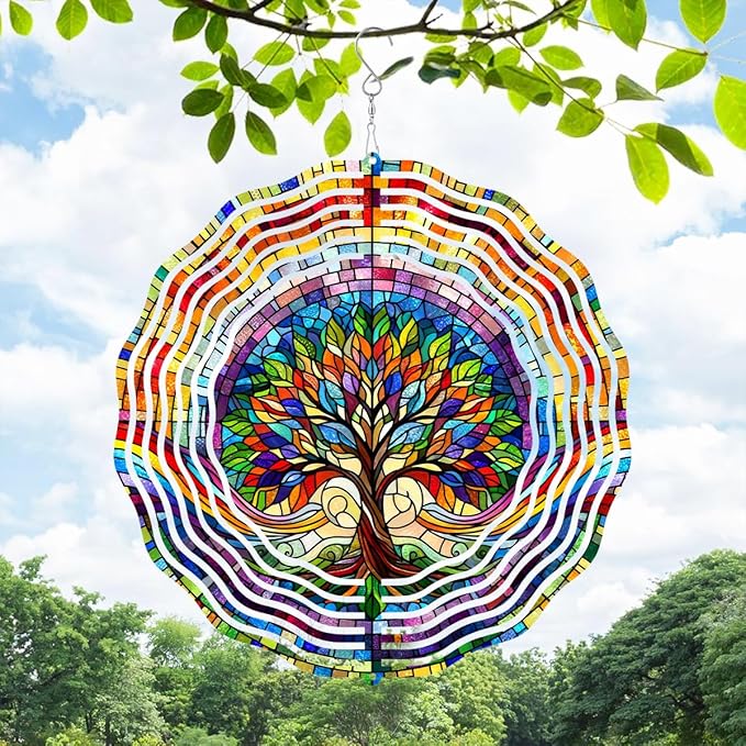 Tree of Life Wind Spinner 3D Stainless Steel Hanging Wind Spinners 10 Inch Stained Glass Style Multi-Color Kinetic Decor for Indoor and Outdoor Spaces Christmas