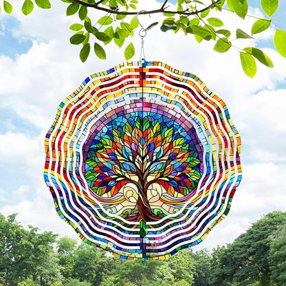 Tree of Life Wind Spinner 3D Stainless Steel Hanging Wind Spinners 10 Inch Stained Glass Style Multi-Color Kinetic Decor for Indoor and Outdoor Spaces Christmas