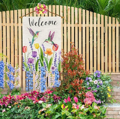 Welcome Hummingbird Spring Flowers House Flag Large Burlap 28x40 Inch Double Sided Outside Yard Holiday Outdoor Farmhouse Decoration