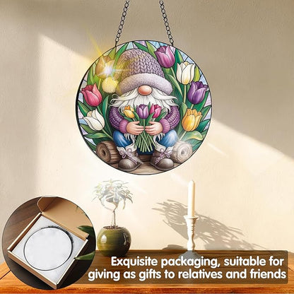 VAIIEYO Gnome Sun Catcher Stained Glass Window Hanging Ornament, Handmade Sun Catcher Spring Tulips Decoration with Hooks for Window Garden Home, Mother's Day & Birthday Housewarming Gift (7.8 inch)