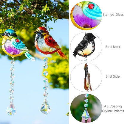Set 2 Stained Glass Little Birds Suncatchers Rainbow Maker Crystal Prisms Hanging Suncatcher for Window Colorful Metal Birds Wall Art Fence Decorations Ornament for Christmas Tree