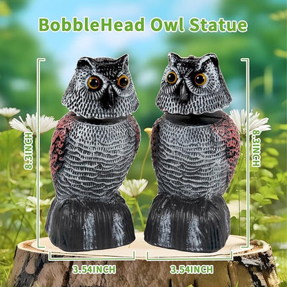 BobbleHead Owl Decoys Sculpture to Scare Birds Away, 2-Pack 8.3" Fake Owl Plastic Scarecrow Bird Deterrent, Natural Enemy Pest Repellent, Garden Decor Statues for outside, Patio, Lawn, Yard Decoration