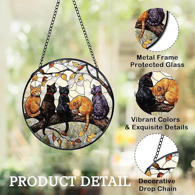 Stained Glass Window Hanging, 5 Cats on a Branch Suncatcher for Window Doors Garden Home Decoration, Animal Colorful Glass Panel Ornaments for Women,Men,Wife, Lovers, and Mom 7.8x7.8 in