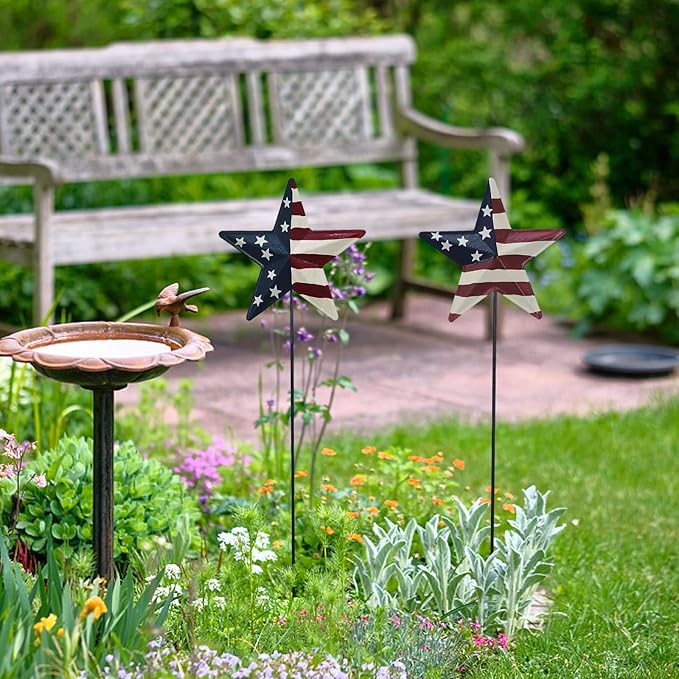 K KILIPES Metal Star Barn Yard Sign Garden Stake Decor for 4th of July, American Flag Patriotic Star Yard Stake Lawn Ornament Independence Day Memorial Day Outdoor Decorations (2, 12" H)