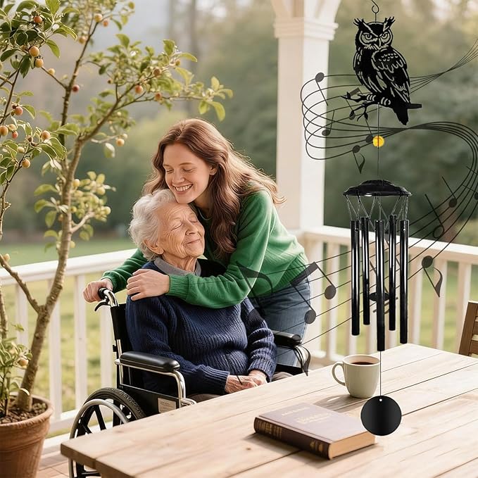 Owl Wind Chimes for Outside - Owls Windchimes Outdoors Metal Sympathy Owl Gifts for Women Mom Grandma Friend, Owls Wind Chime Outdoor Garden Patio Porch Balcony Decor (Black)